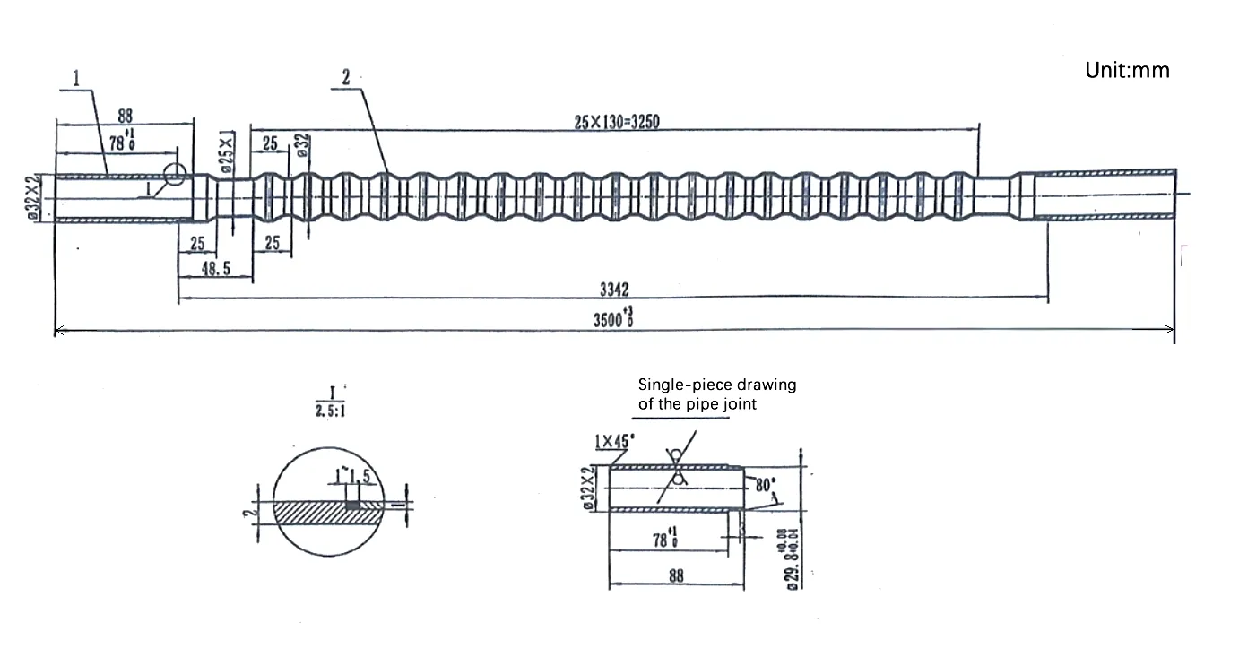 Technical drawing of stainless steel corrugated tube dimensions